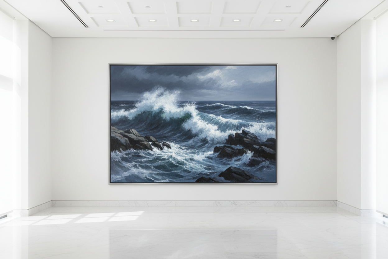 Dramatic Seascape in White Mansion Hallway