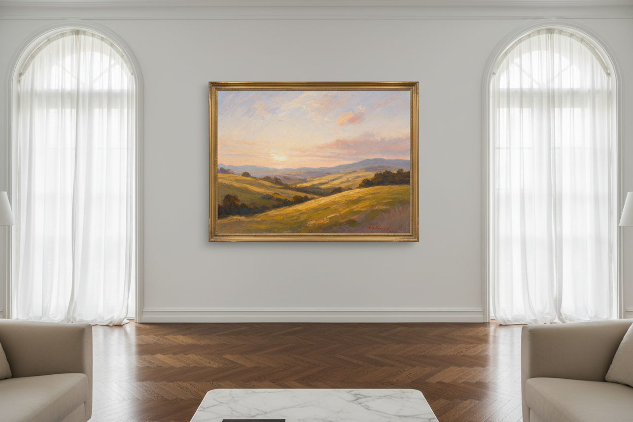 Golden Impressionist Landscape in White Mansion Room