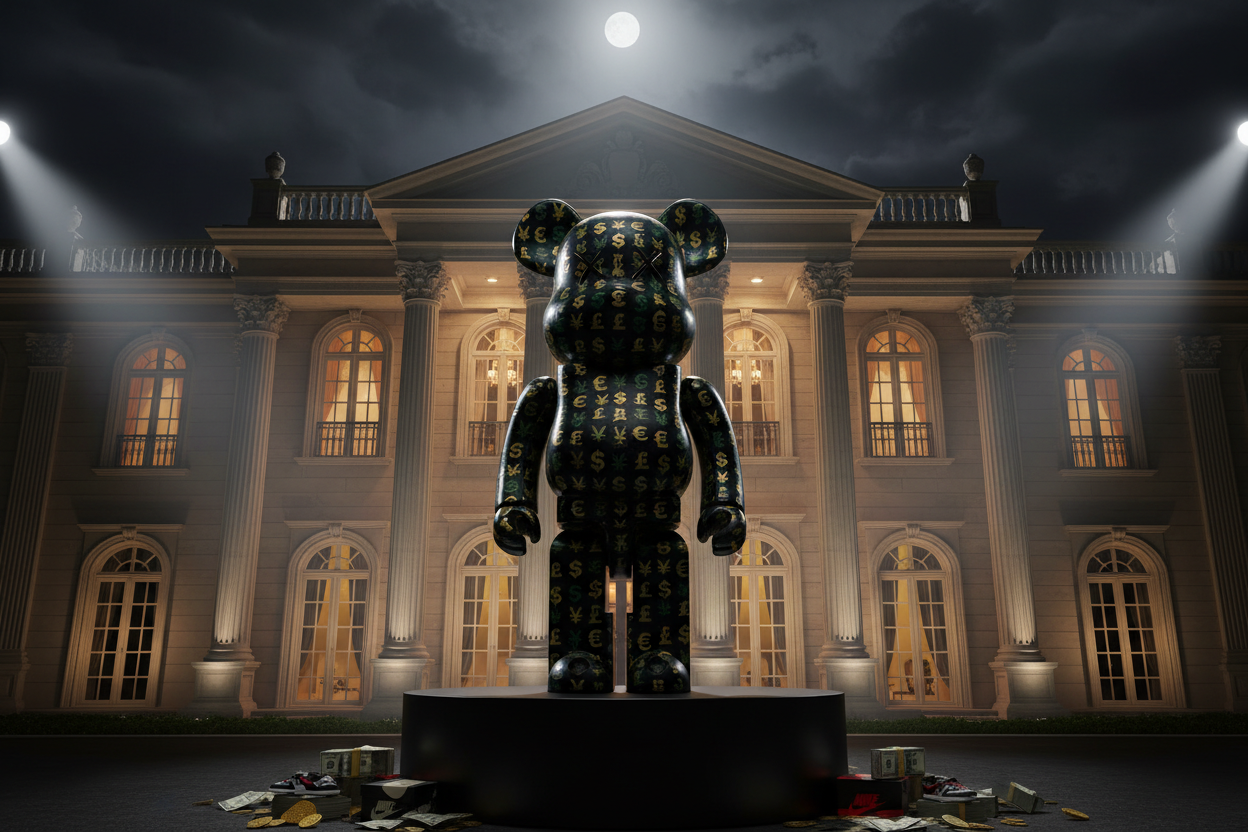 KAWS-Inspired Money Art Toy Bearbrick Figure in Front of Mansion
