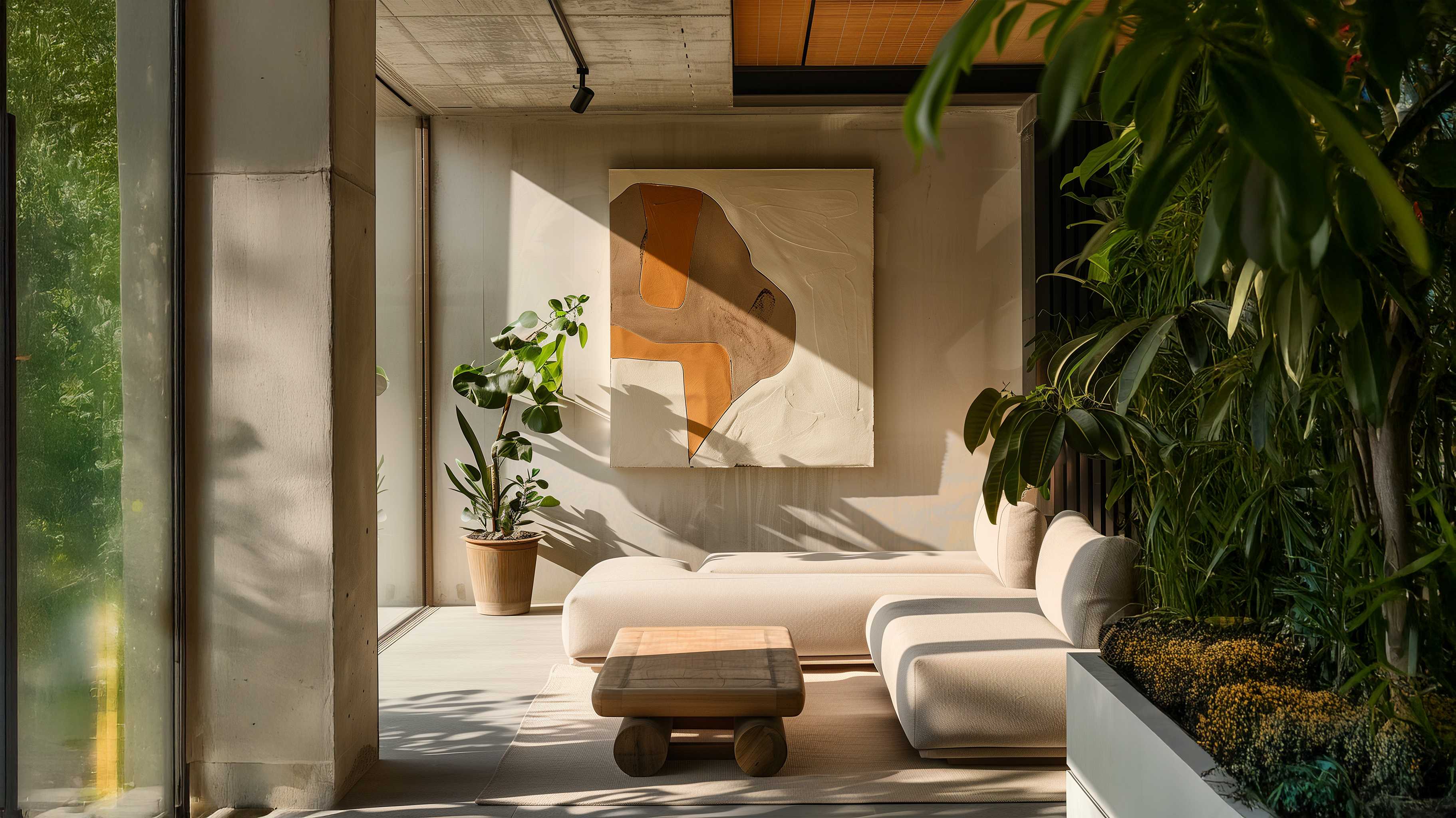 Japandi-Style Sunlit Living Space with Textured Artwork